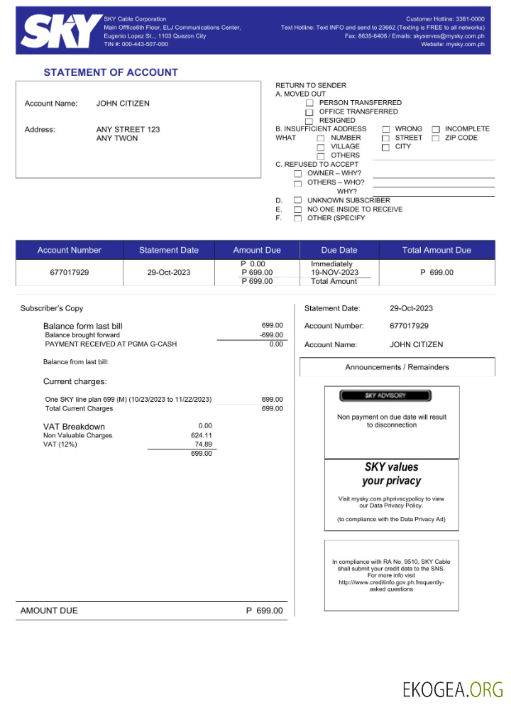 Philippines Sky cable corporation utility bill word and pdf template